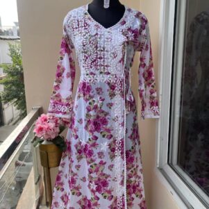 Beautiful Mul Mul Cotton Chikankari Angarakha Kurti