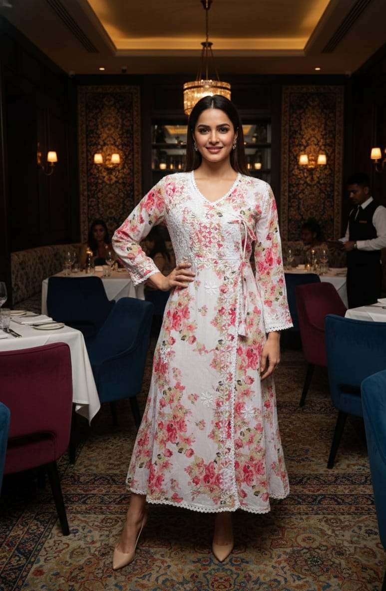 Beautiful Mul Mul Cotton Chikankari Angarakha Kurti - Image 8