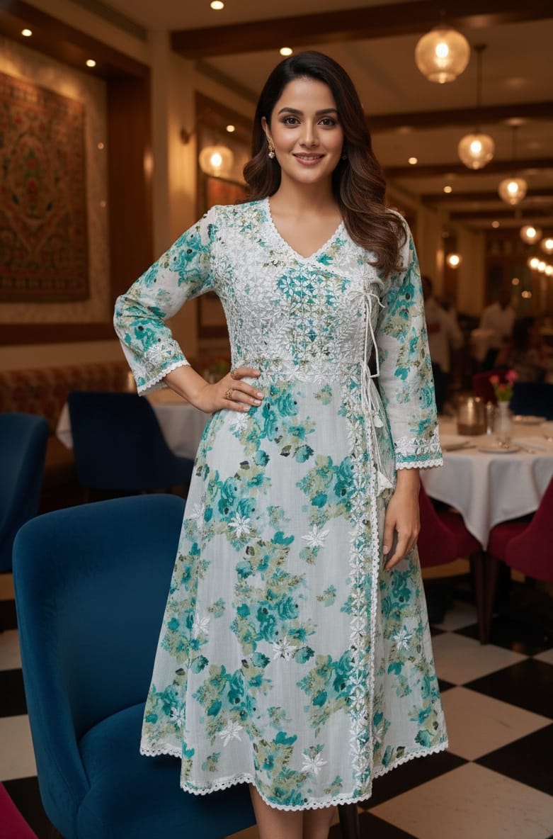 Beautiful Mul Mul Cotton Chikankari Angarakha Kurti - Image 7