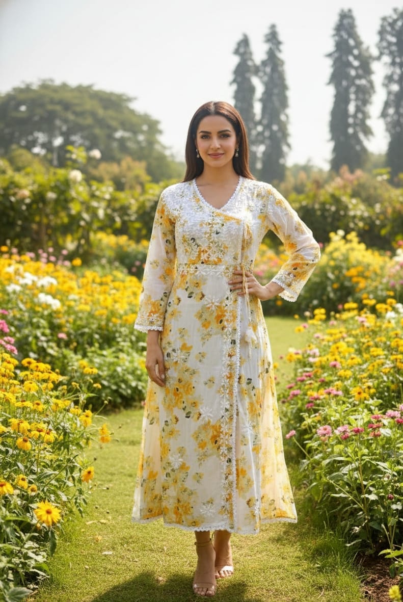 Beautiful Mul Mul Cotton Chikankari Angarakha Kurti - Image 6