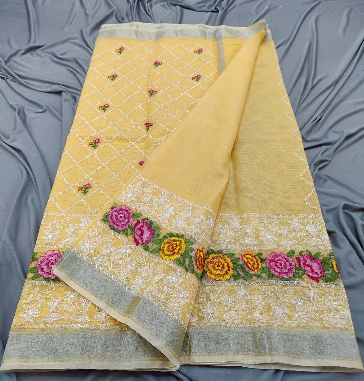 KOTA DORIA MIX COTTON HAND MACHINE EMBROIDERY SAREE WITH BLOUSE SET 3 - Image 2