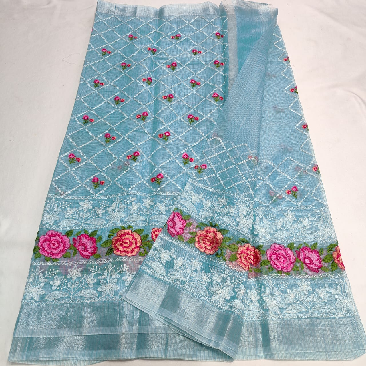 KOTA DORIA MIX COTTON HAND MACHINE EMBROIDERY SAREE WITH BLOUSE SET 3 - Image 3